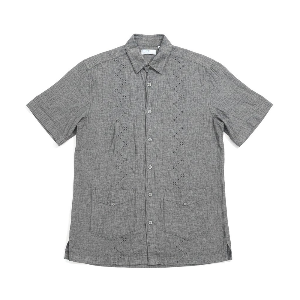 Cafe Luna Womens Sml Gray Linen Blend Embroidered Short Sleeve Button Down Shirt